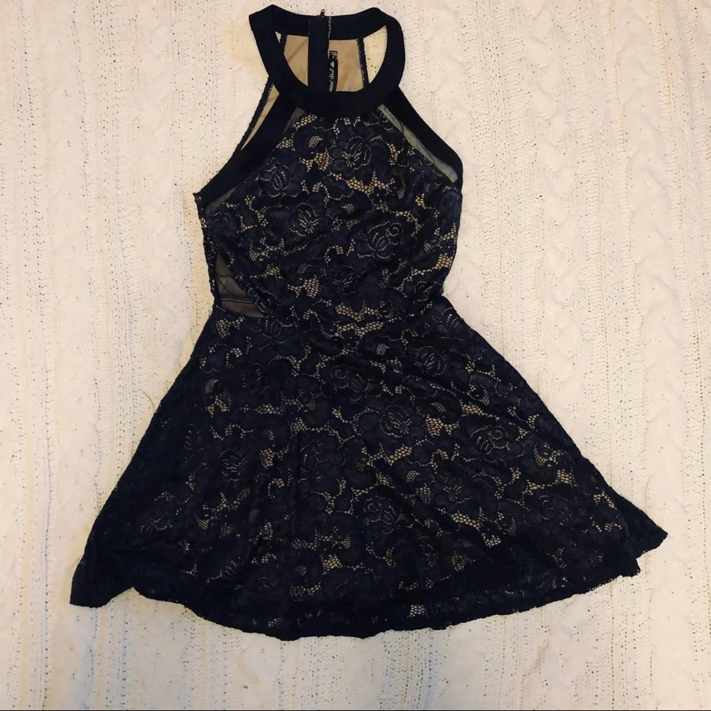 Crystal Doll 5 navy lace over nude halter mini dress - Picture 7 of 9
